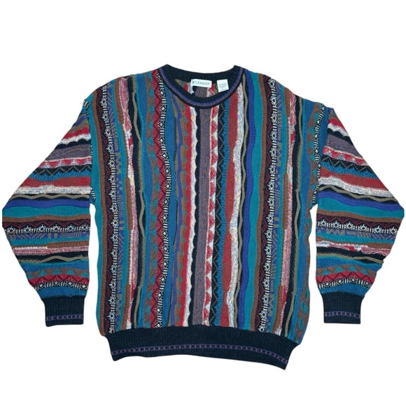 Vintage 90s Coogi Style Crew Neck Sweater Cable Ribbed Knit Colorful Dad SZ L